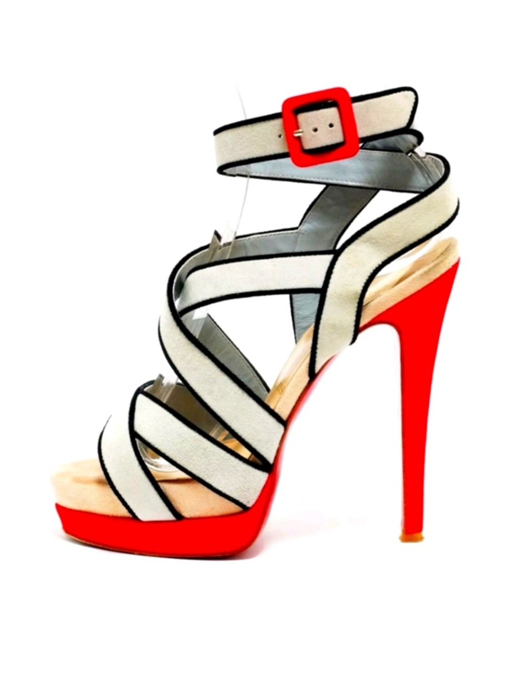 Auth CHRISTIAN LOUBOUTIN Light Gray Black Suede Womens Sandals EUR 34 1/2  US4.5
